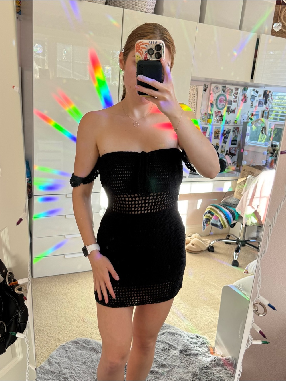 black crochet mini dress
